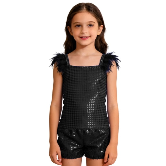 HXWCHs Glam Performance Outfit for Girls Stage Shows Sequin Sleeveless top and Matching Shorts Set2-3 Years Black