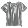 thumbnail image 1 of HXWCHs Glitter Sparkle Short Sleeve Blouse - Women's Round Neck Versatile Vacation Top Teal L Silver-2, 1 of 8