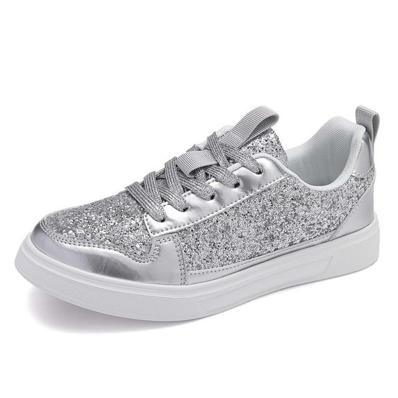 HXWCHs Glossy Fashion Low ofp Lace Up Sneakers for Women Comfortable Athletic Walking On Daily Wear Footwear 40 Silver