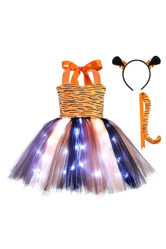 Glow In The Dark Illuminating Tutu Dress for Girls Party Wear with Magical Skirt Light Effect 4-5 Years Orange