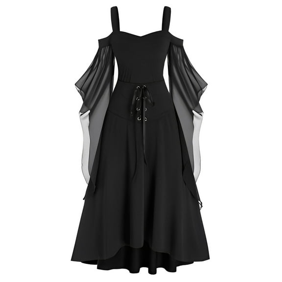 HXWCHs Gothic Court Dress for Women Solid Color Retro Slim Waist Victorian Evening Gown Black XXL