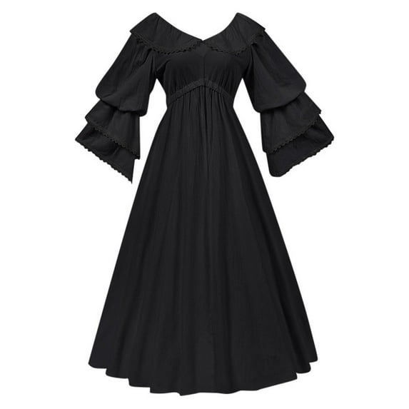 HXWCHs Gothic Victorian Medieval Dress Women Solid Color Retro Tailored Waist Court Formal Dress Black S