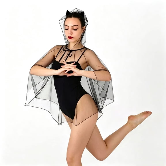HXWCHs Halloween Bat Wings Cape for Women, Sheer Tulle Hooded Bat Costume Shawl, Halloween Party Cosplay Accessory Size: A Black