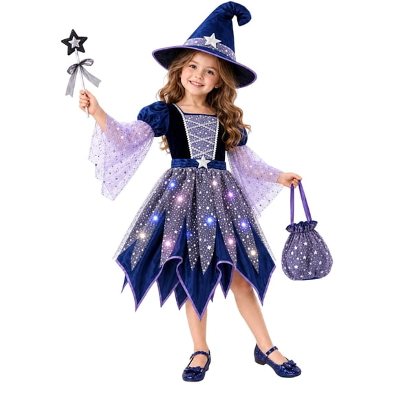 HXWCHs Halloween Witch Costume for Girls Starry Tulle Dress Hat Wand Bag Halloween Set Size: 5-6 Years