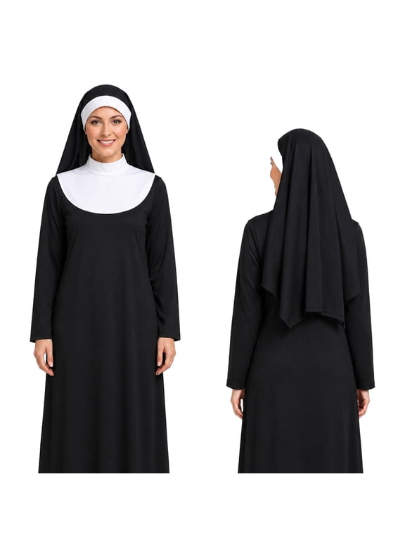 Halloween Women Nun Costumes Nun Outfit Black Women Nun Dress with Headpiece for Dress Up Party Cosplay Size: XL Black