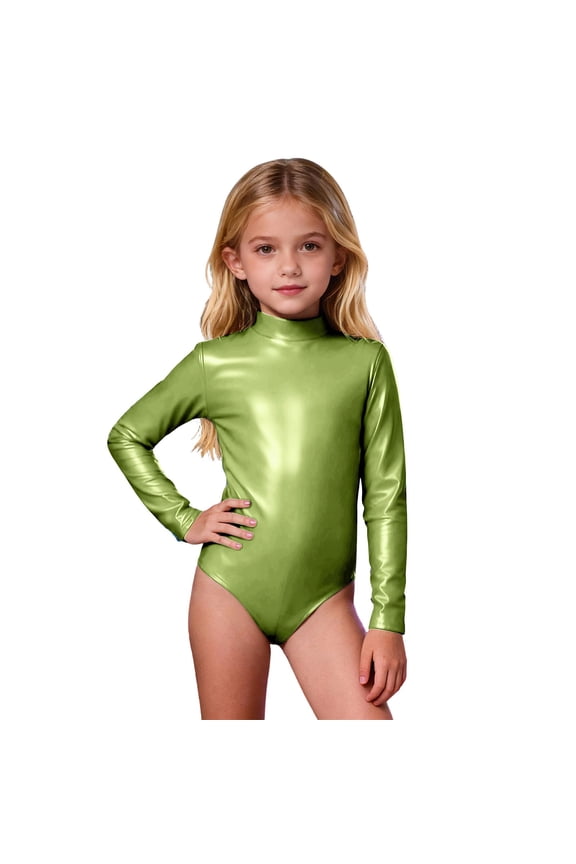 High Neck Long Sleeve Girls Performance Dance Unitard Back Zip Leotard Gymnastics Stage Show Outfit for ofddler Kids 4-5 Years Light Green