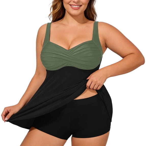 HXWCHs High Waist Tankini top Plus Size Swimwear Solid Color Swim Shirt Built In Bra Support Comfortable Beachwear L Army Green