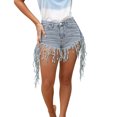 thumbnail image 1 of HXWCHs High Waisted Distressed Hem Denim Shorts WITH Bohemian Tassel Detail Mid Length Casual Wear XXL Light Blue, 1 of 7