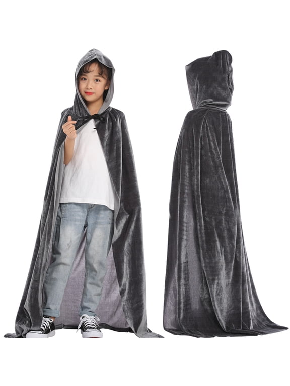 Hooded Cloak Velvet Cape with Hood Halloween Capes Women Witch Cloak Robe Men Cosplay Size: 8-11 Years
