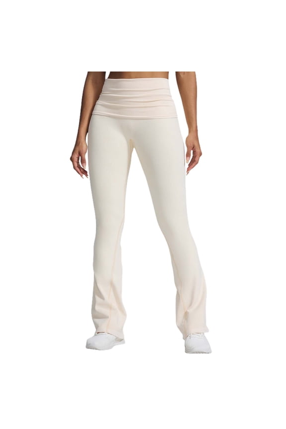 Junior's Foldover Bootcut Yoga Pants Comfy Lounge Active Pants Beige S
