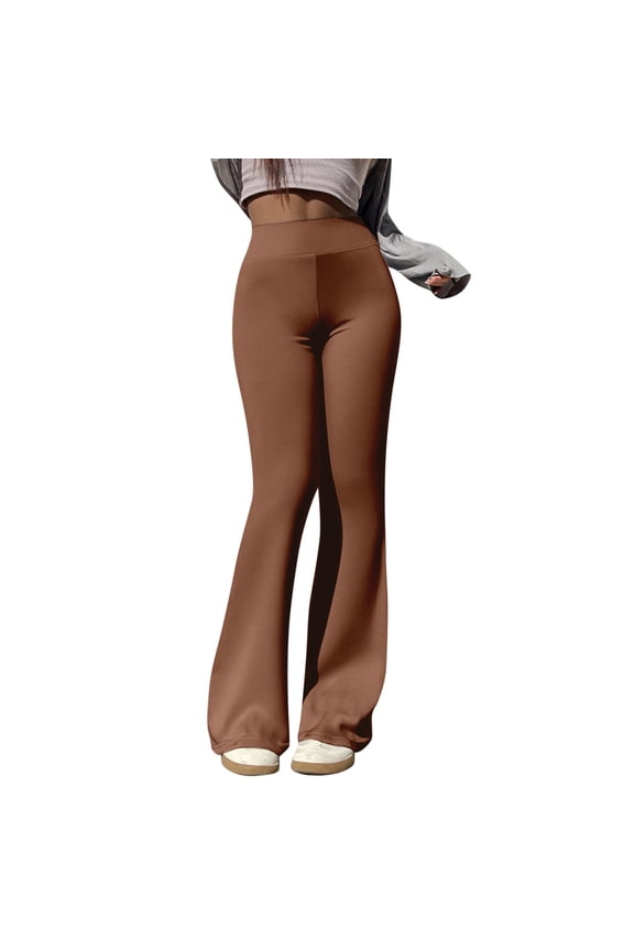 Junior's Foldover Bootcut Yoga Pants Comfy Lounge Active Pants Brown S