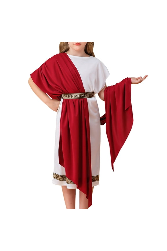 Kids Greek Roman Mythology toga Robe Carnival Performance Halloween Dress Up Party Outfit for Children 150 Red