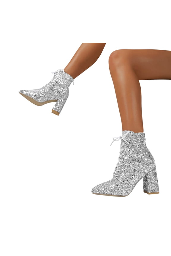 Ladies Fashion British Style Ankle Boots with Sequin Decoration and Thick Heel for Elegant Winter Wear Silver 36