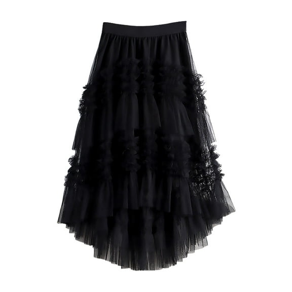 HXWCHs Ladies Fashionable Casual Swallowtail Cake Skirt Mid Long Double Layer Mesh Puffy Design Black One Size