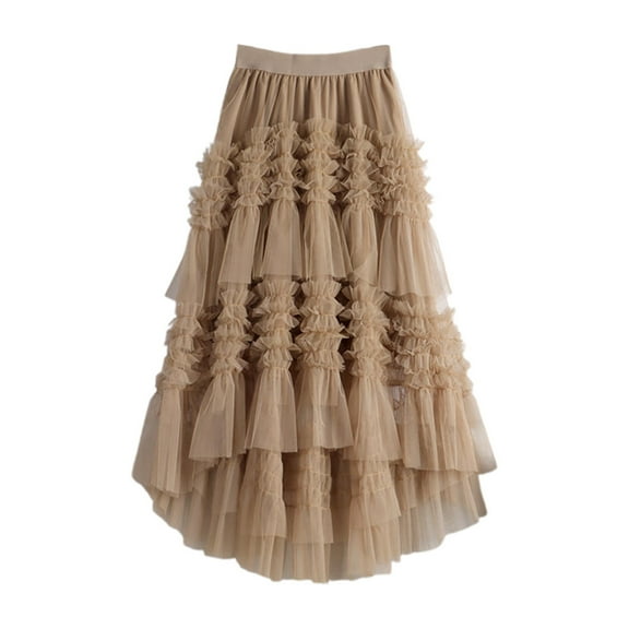 HXWCHs Ladies Fashionable Casual Swallowtail Cake Skirt Mid Long Double Layer Mesh Puffy Design Brown One Size