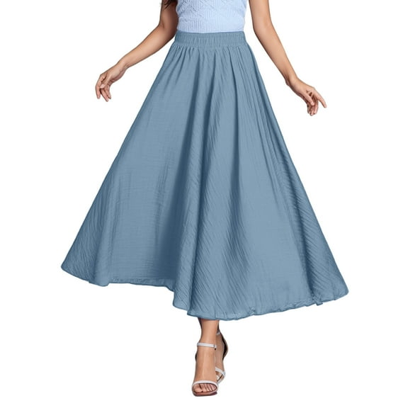 HXWCHs Ladies Girls Solid Color Elastic Waist Long Flowing Bosimi Casual Maxi Skirt Blue M/85