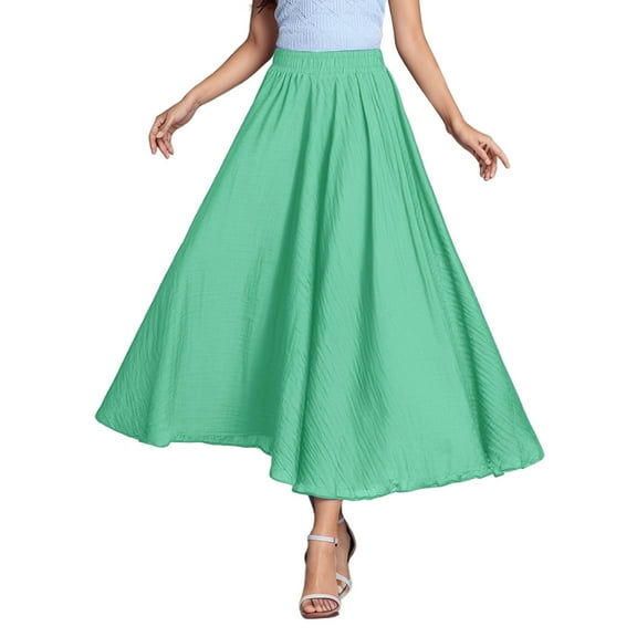 HXWCHs Ladies Girls Solid Color Elastic Waist Long Flowing Bosimi Casual Maxi Skirt Green L/95