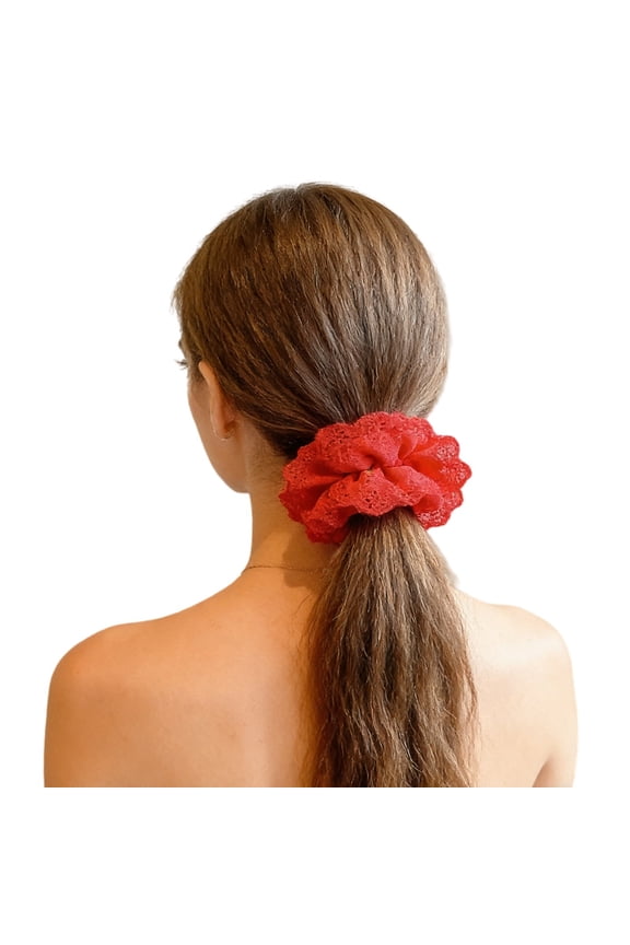 Large Red Lace Scrunchies, Elastic Hair Ties Ropes, Ponytail Holder Hair Accessories for Ladies Girls, Thick Bulk Scrunchies Red