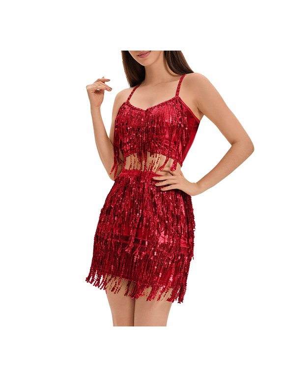 Latin Dance Competition Skirt Suit Elegant Stage Performance Outfit for Women L Red