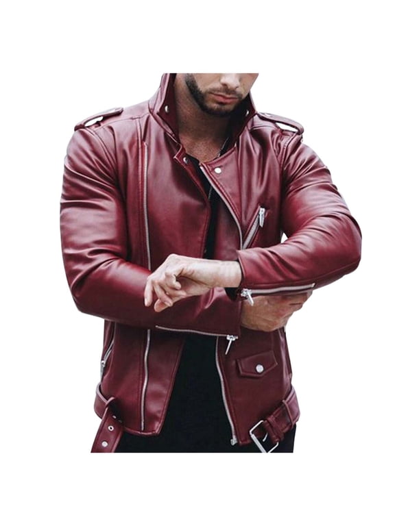 Leather Jackets for Men Steampunk Hipple Rock Jacket Guys Moto Biker Fashion Rivets Lightweight Outerwear Plus Size Size: XXXL Red