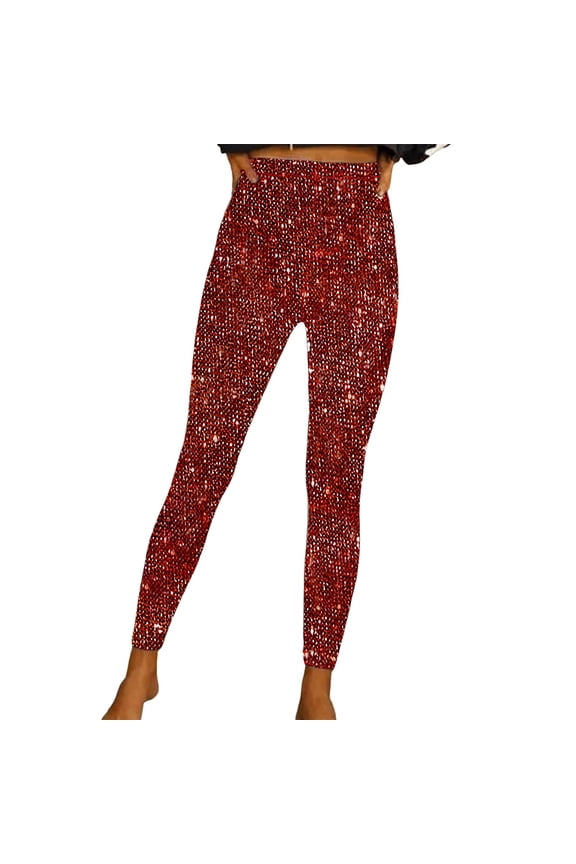 Leggings with Heavy Sequin Detailing for Women's Casual Wear Comfort and Style S Red