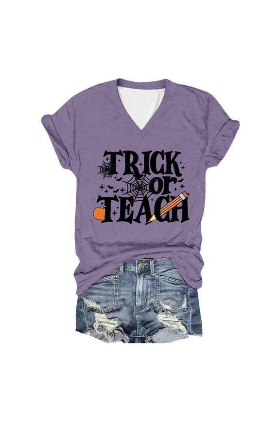 Long Sleeve Funny Halloween Teacher Shirt for Women Fall School V Neck Short Sleeve T-Shirt October Classroom Teaching Outfit L Purple