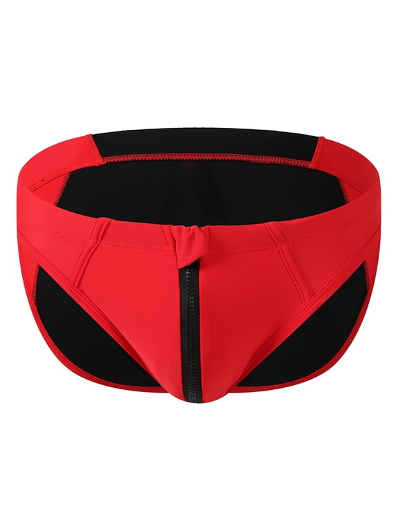 Men's Athletic Swim Briefs with Secure Front Zipper and Block Design for Pool and Beach XXL Red