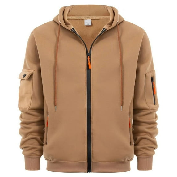 HXWCHs Men's Casual Daily Hoodie Men's Zip Up Hooded Sweatshirt with Arm Pockets Thermal Warm Outerwear for Outdoor Leisure Activities Khaki XL