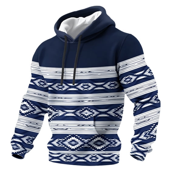 HXWCHs Men's Casual Western Aztec Style Hooded Sweatshirt Long Sleeve Relaxed Fit top with Pockets L Navy