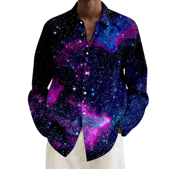 HXWCHs Men's Fashion Casual Digital Print Lapel Long Sleeve Shirt for Loose Fit and Comfortable Wear XXL Dark Purple