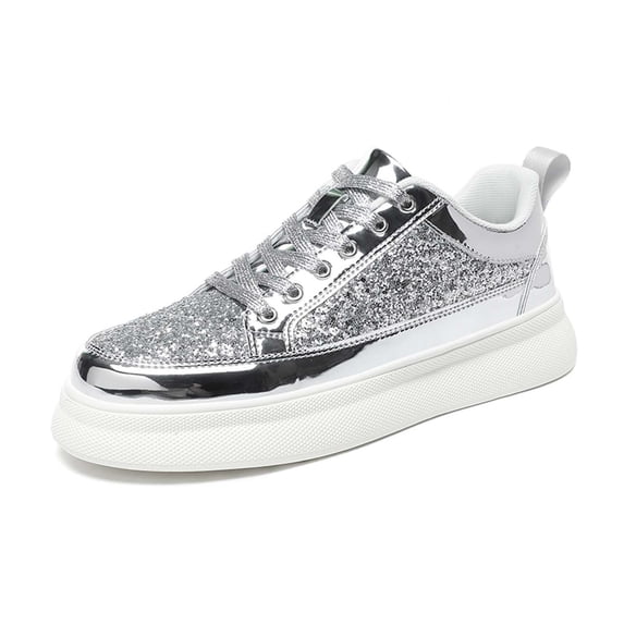 HXWCHs Men's Fashion Sneakers Glitter Shiny Low top Casual Athletic Walking Shoes Comfortable Footwear 40 Silver