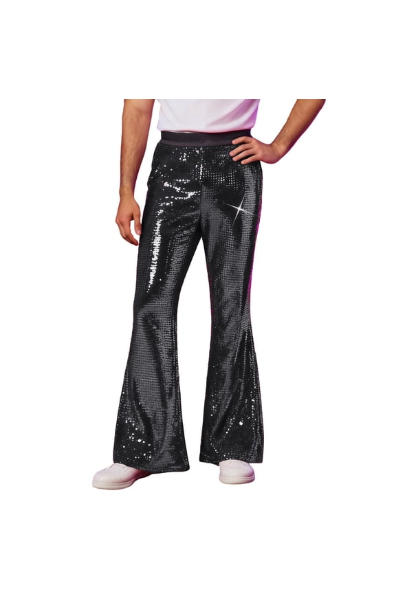 Men's Casual Sequin Flare Pants Shimmering Trousers for Party Nightlife and Event Wear XXL Black