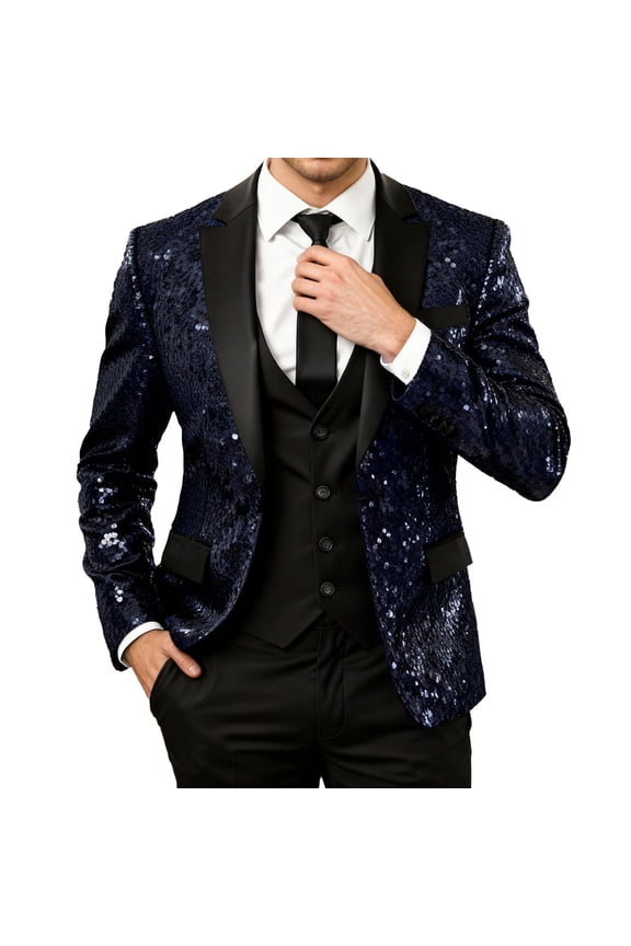 Men's Formal Tailored Jacket with Sequinned Winged Design for Stage Performance and Party Events Blue L