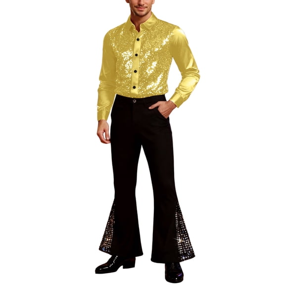 HXWCHs Men's Glitter Stage Performance Suit Sequin Shirt and Flared Pants for Dance Party ShowXXL Gold