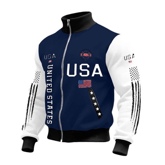 HXWCHs Men's Independence Day Themed Casual Zip Up Long Sleeve Hoodless Sweatshirt for Patriotic Style and Comfort M Blue