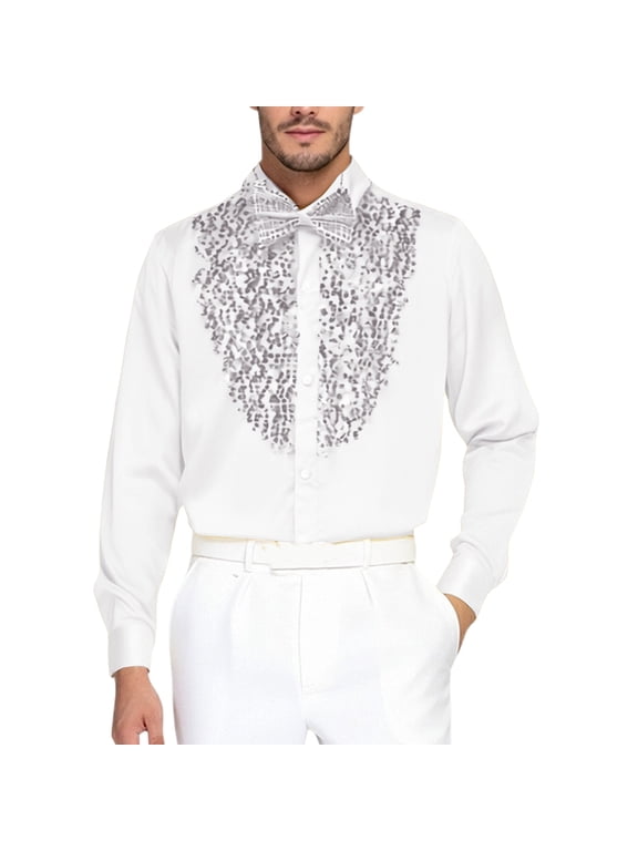 Men's Performance Long Sleeve Stage Shirt with Sparkling Sequins for Dance Shows and Special Events S White