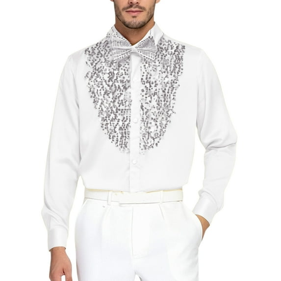 HXWCHs Men's Performance Stage Shirt Long Sleeve Sparkling Sequins for Dance Shows and Special Events S White