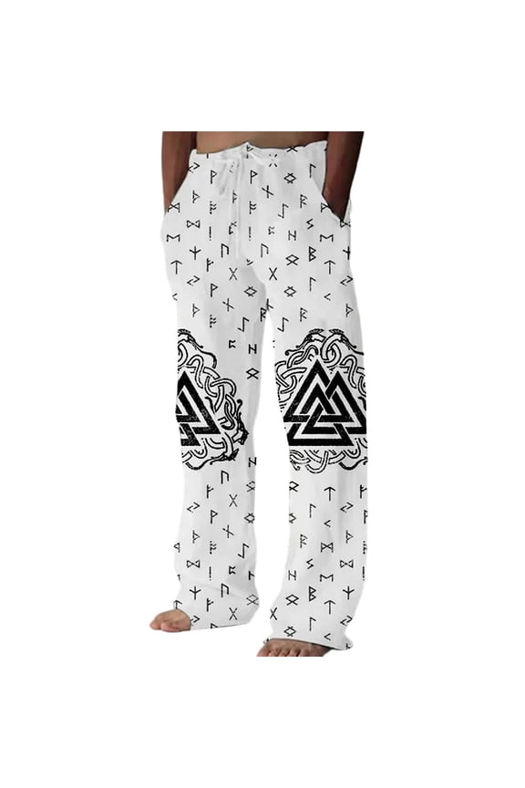 Men's Printed Linen Blend Straight Leg Trousers Relaxed Fit Casual Wear with Textured Fabric for Everyday Comfort XL White