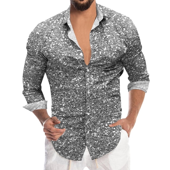 HXWCHs Men's Sequin Digital 3D Printed Long Sleeve Lapel Button Down Dress Shirt top for Party L Silver