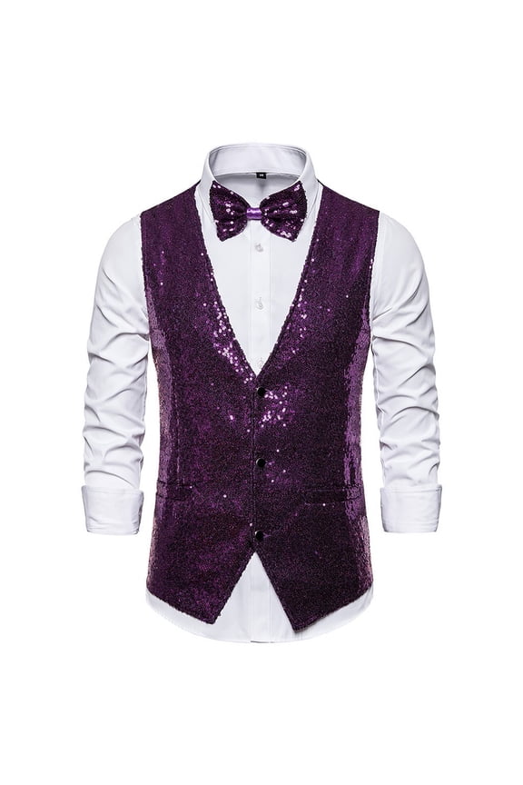 Men's Slim Fit Formal Suit Vest Business Wedding Sleeveless With Adjustable Necktie For Elegant Attire Purple XXXL