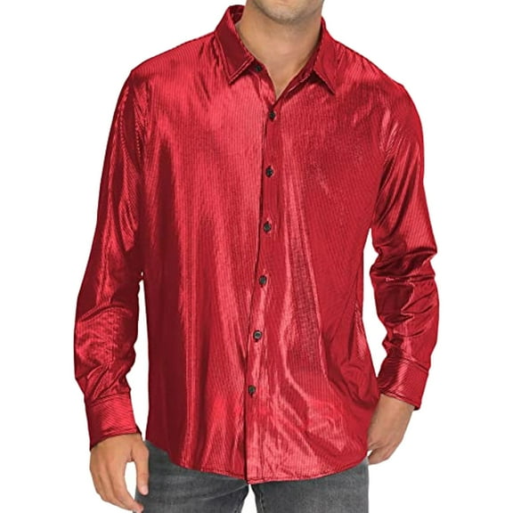HXWCHs Men's Stylish Casual Dress Shirt with Sequined Lapel for and Party Wear Red M