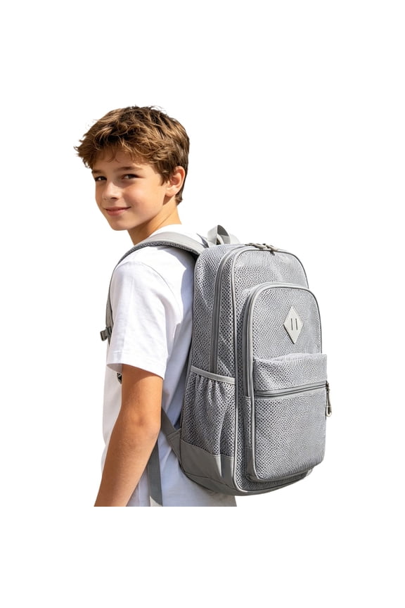Mesh Backpacks for School Heavy Duty See Through Net Bookbag Semi-Transparent Net Back Pack for Beach, Swimming, Sports, Work, Travel Grey