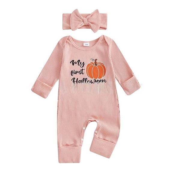 HXWCHs My First Halloween Outfit Baby Girl Ribbed Romper Long Sleeve 1st Thanksgiving Clothes Preemie Fall Size: Pink