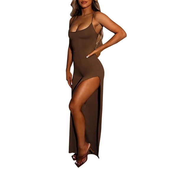 HXWCHs One Piece Outfits for Women, Women's Summer Backless Solid Color Jumpsuit with Split Pants and Adjustable Suspender Straps M Brown