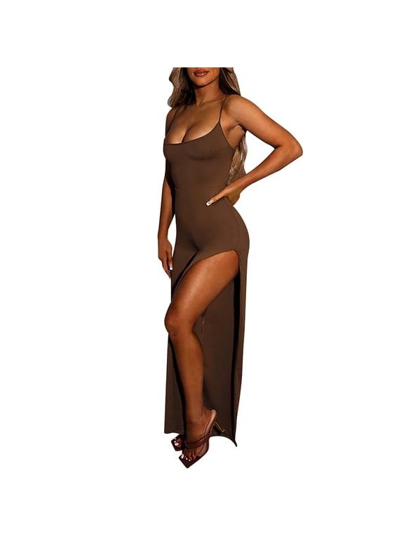 One Piece Outfits for Women, Women's Summer Backless Solid Color Jumpsuit with Split Pants and Adjustable Suspender Straps M Brown