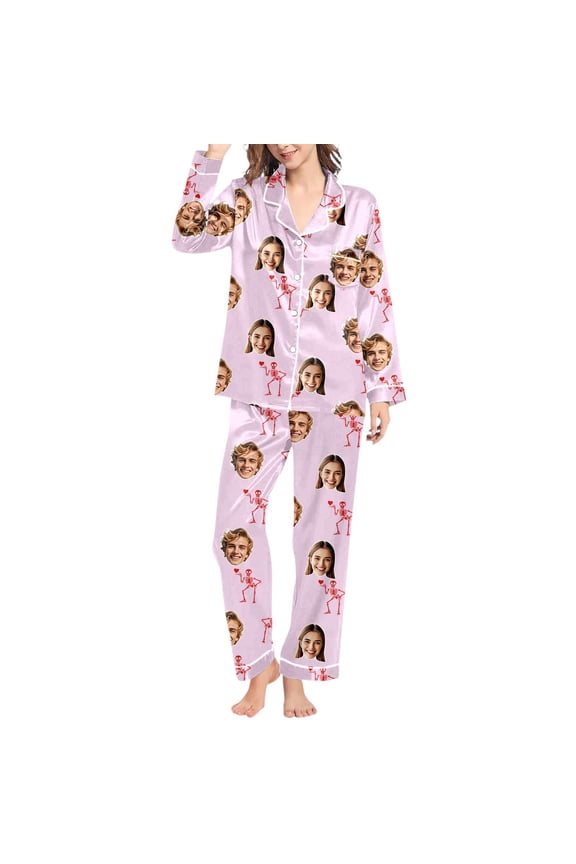 Photo Pajama Set for Women Custom Face Print Loungewear Long Sleeve Nightwear Comfortable Sleepwear M Pink