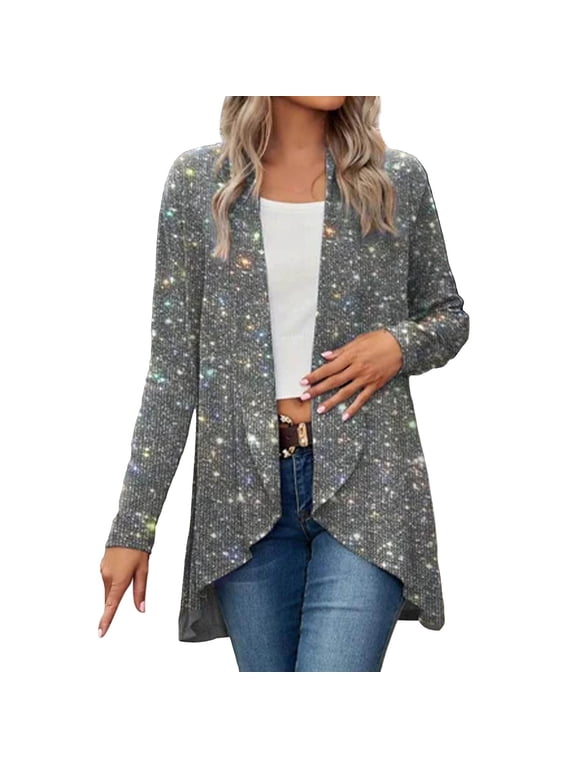 Plus Size Sequin Solid Color Fashion Casual Irregular Design Long Coat for Women L Silver