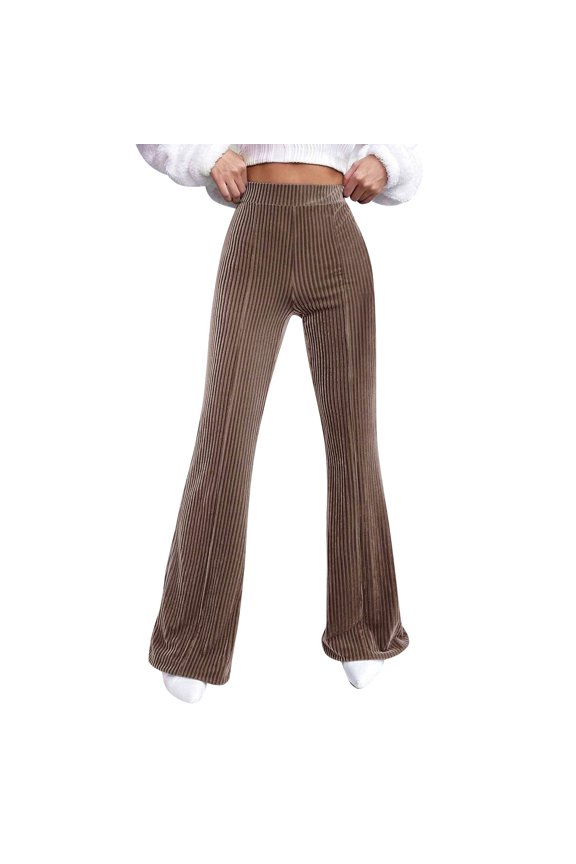 Plus Size Solid Casual Pants Women's Velvet Flare Leg High Waist Solid Comfortable Casual Bootcut Trousers for Plus Size L Khaki