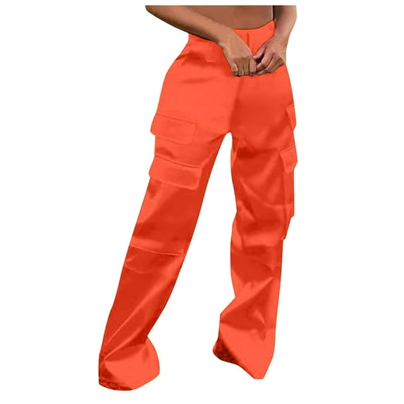 HXWCHs Plus Size Solid Flowy Pants Women's Casual Fashion Loose Fit Solid Color Trousers with Functional Pockets and Stylish Front Zipper Design for Everyday Comfort M Orange
