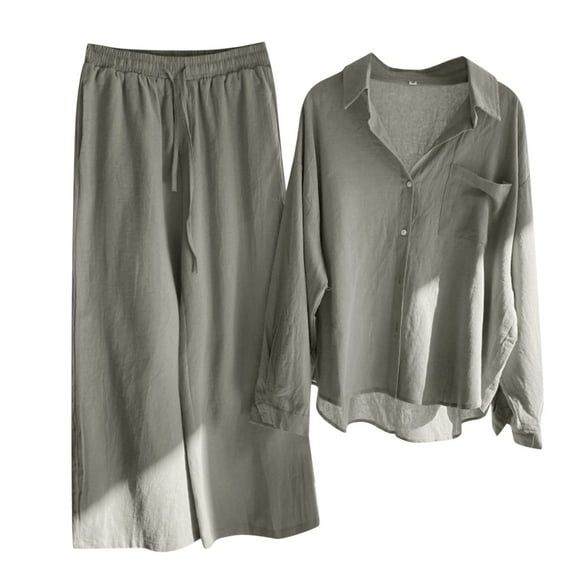 HXWCHs Plus Size Solid Vintage Outfit - Women's Linen Shirt & High-Waisted Pants Gray S